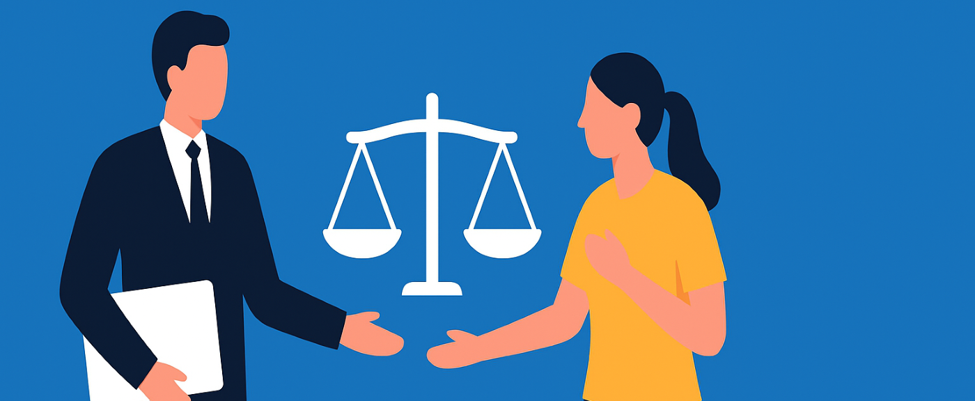 Ilustración en estilo plano de un hombre con traje y una mujer conversando frente a una balanza blanca, simbolizando la justicia y asesoramiento sobre la ineptitud para ser asistente en Cataluña.